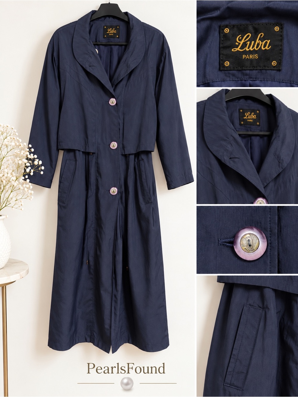 Vintage 1980s Luba Paris Navy Long Trench/Lightweight Coat Approx. M / US 12.